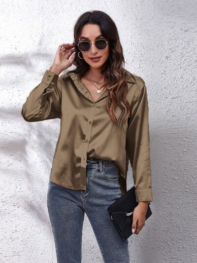 Button Up Collared Neck Long Sleeve Shirt Trendsi