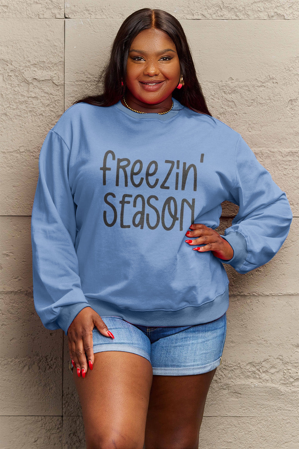 Simply Love Full Size FREEZIN' SEASON Graphic Sweatshirt Trendsi