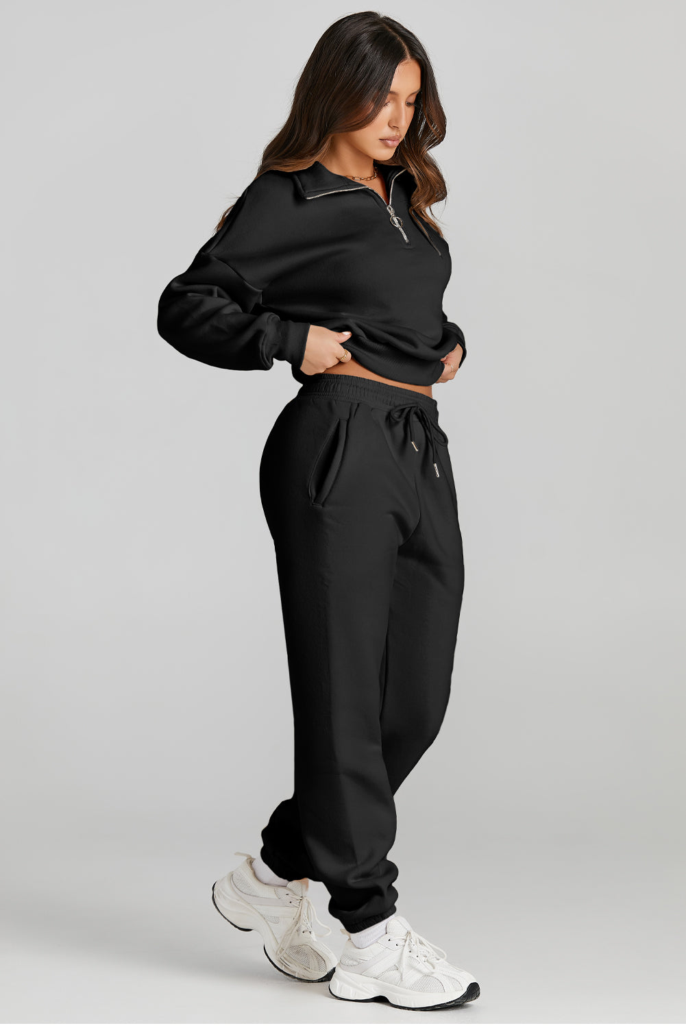 Quarter Zip Top and Drawstring Pants Active Set Trendsi