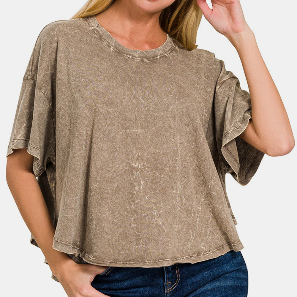 Zenana Washed Round Neck Drop Shoulder Cropped T-Shirt Trendsi