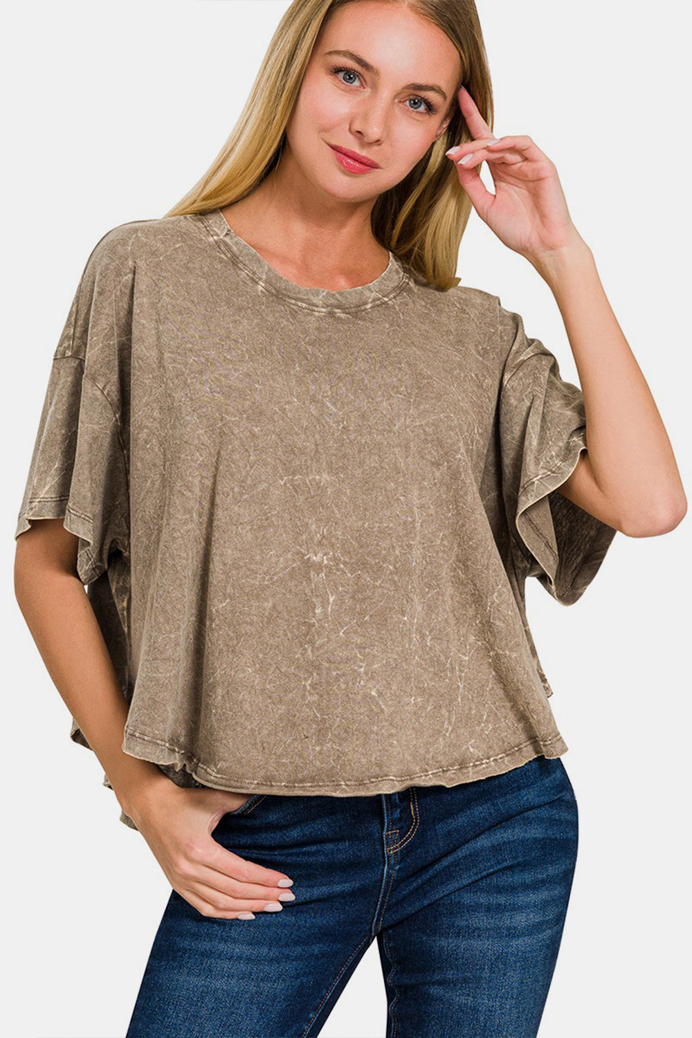 Zenana Washed Round Neck Drop Shoulder Cropped T-Shirt Trendsi