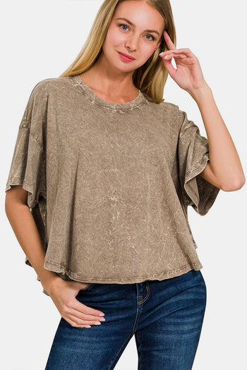 Zenana Washed Round Neck Drop Shoulder Cropped T-Shirt Trendsi