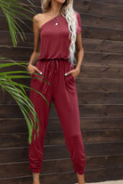 Drawstring Waist One-Shoulder Jumpsuit with Pockets Casual Chic Boutique