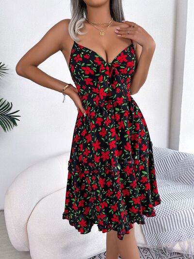 Printed Plunge Cap Sleeve Cami Dress Trendsi