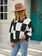 Checkered Round Neck Dropped Shoulder Sweater Trendsi