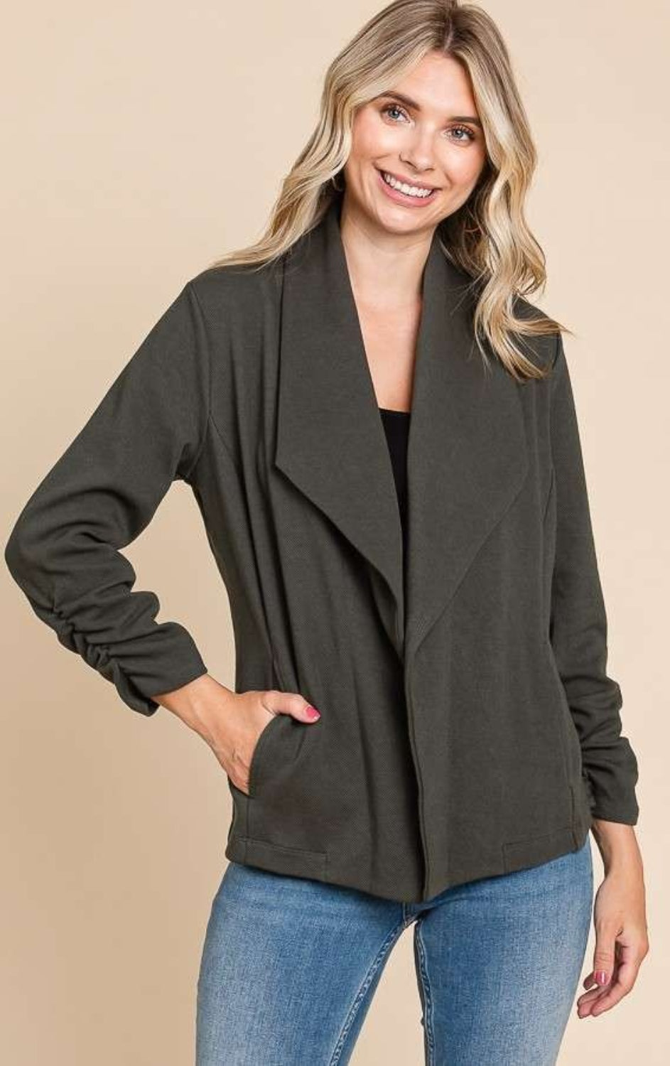 Culture Code Full Size Ruched Open Front Long Sleeve Jacket Trendsi