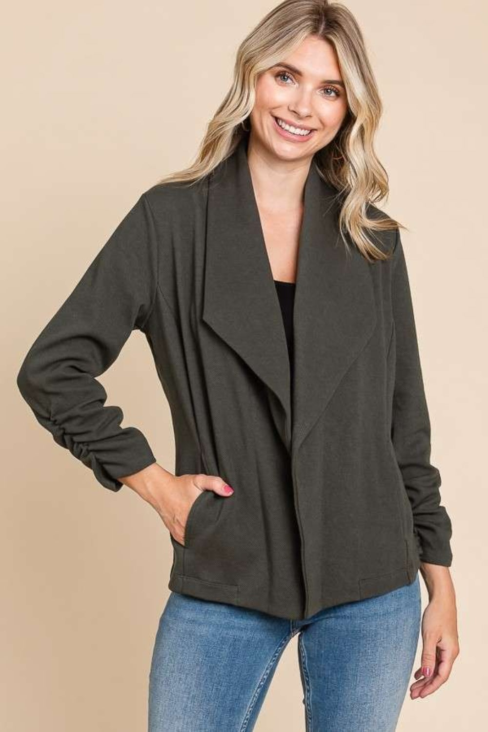 Culture Code Full Size Ruched Open Front Long Sleeve Jacket Trendsi