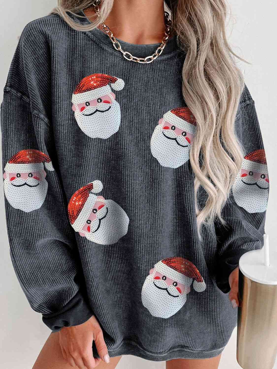 Sequin Santa Patch Ribbed Sweatshirt Trendsi