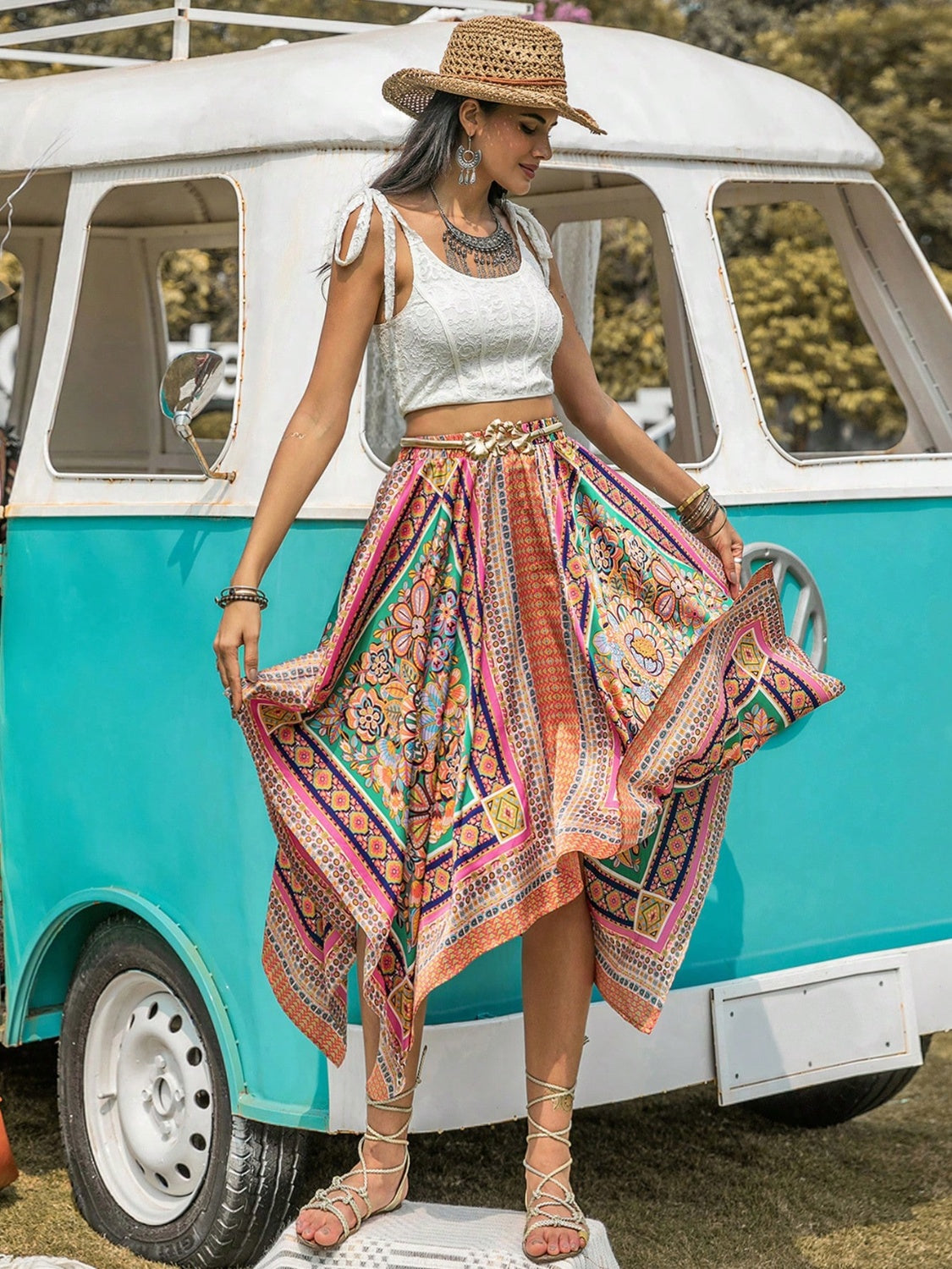 Printed High Waist Handkerchief Hem Skirt Trendsi