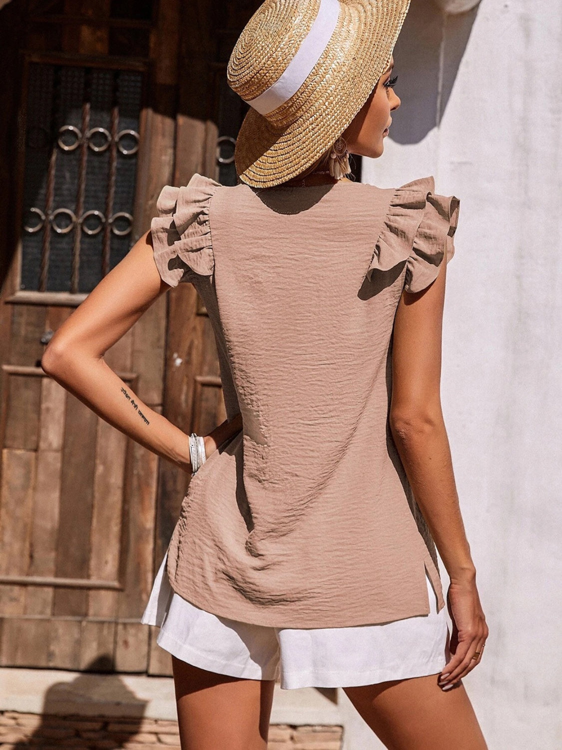 Ruffled V-Neck Cap Sleeve Blouse Trendsi