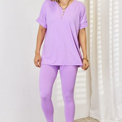 Zenana V-Neck Rolled Short Sleeve T-Shirt and Leggings Set Trendsi