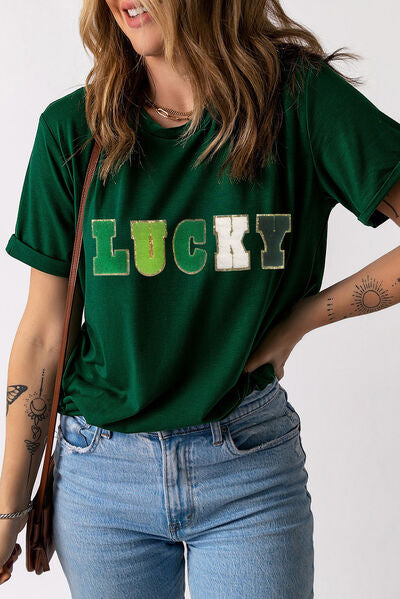 LUCKY Round Neck Short Sleeve T-Shirt Trendsi