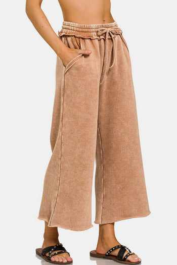 Zenana Acid Wash Fleece Wide Leg Pants Trendsi