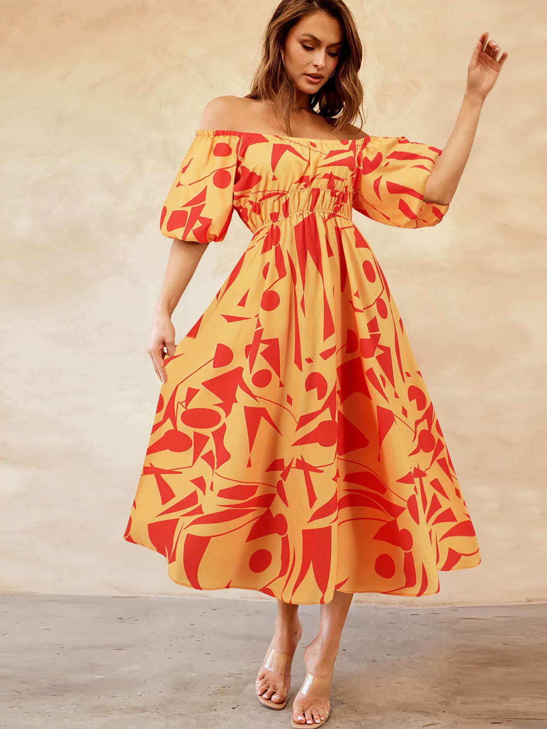 Printed Off-Shoulder Balloon Sleeve Dress Trendsi