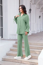 Drawstring Flounce Sleeve Shirt and Pants Set Trendsi