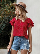 Ruffled Polka Dot Round Neck Short Sleeve Blouse Trendsi