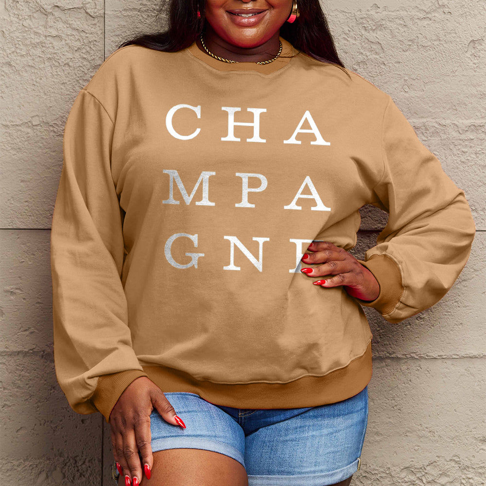 Simply Love Full Size CHAMPAGNE Graphic Long Sleeve Sweatshirt Trendsi