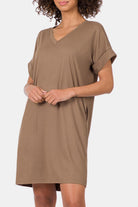 Zenana Rolled Short Sleeve V-Neck Dress Trendsi