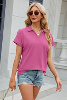 Johnny Collar Short Sleeve Blouse Trendsi