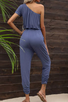 Drawstring Waist One-Shoulder Jumpsuit with Pockets Casual Chic Boutique