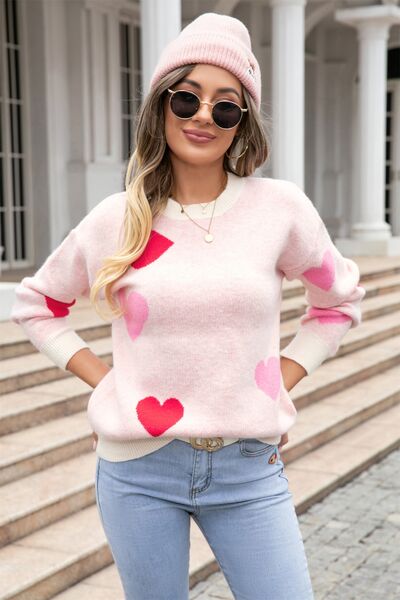 Heart Round Neck Droppped Shoulder Sweater Trendsi