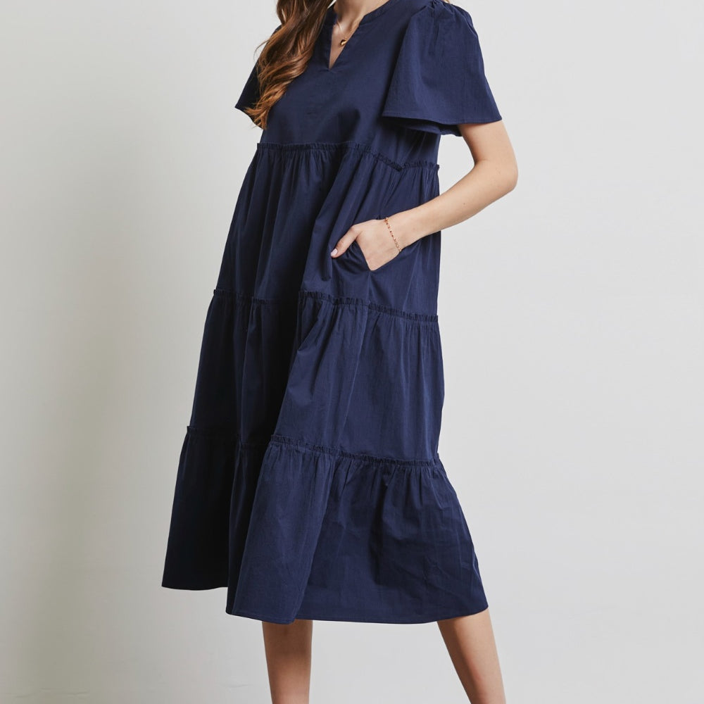 HEYSON Full Size Cotton Poplin Ruffled Tiered Midi Dress Trendsi