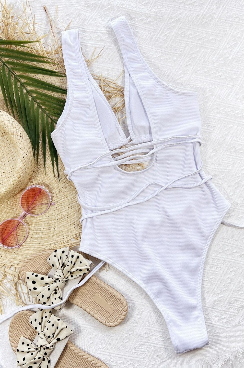 Ribbed Lace Up One-Piece Swimsuit Trendsi