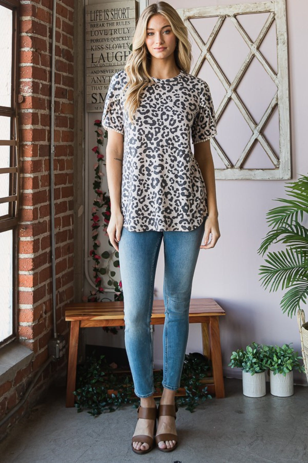 Heimish Leopard Round Neck Petal Sleeve T-Shirt Trendsi