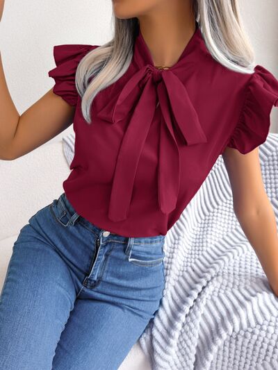 Tie  Neck Cap Sleeve Blouse Trendsi