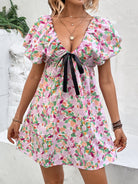 Printed V-Neck Puff Sleeve Mini Dress Trendsi