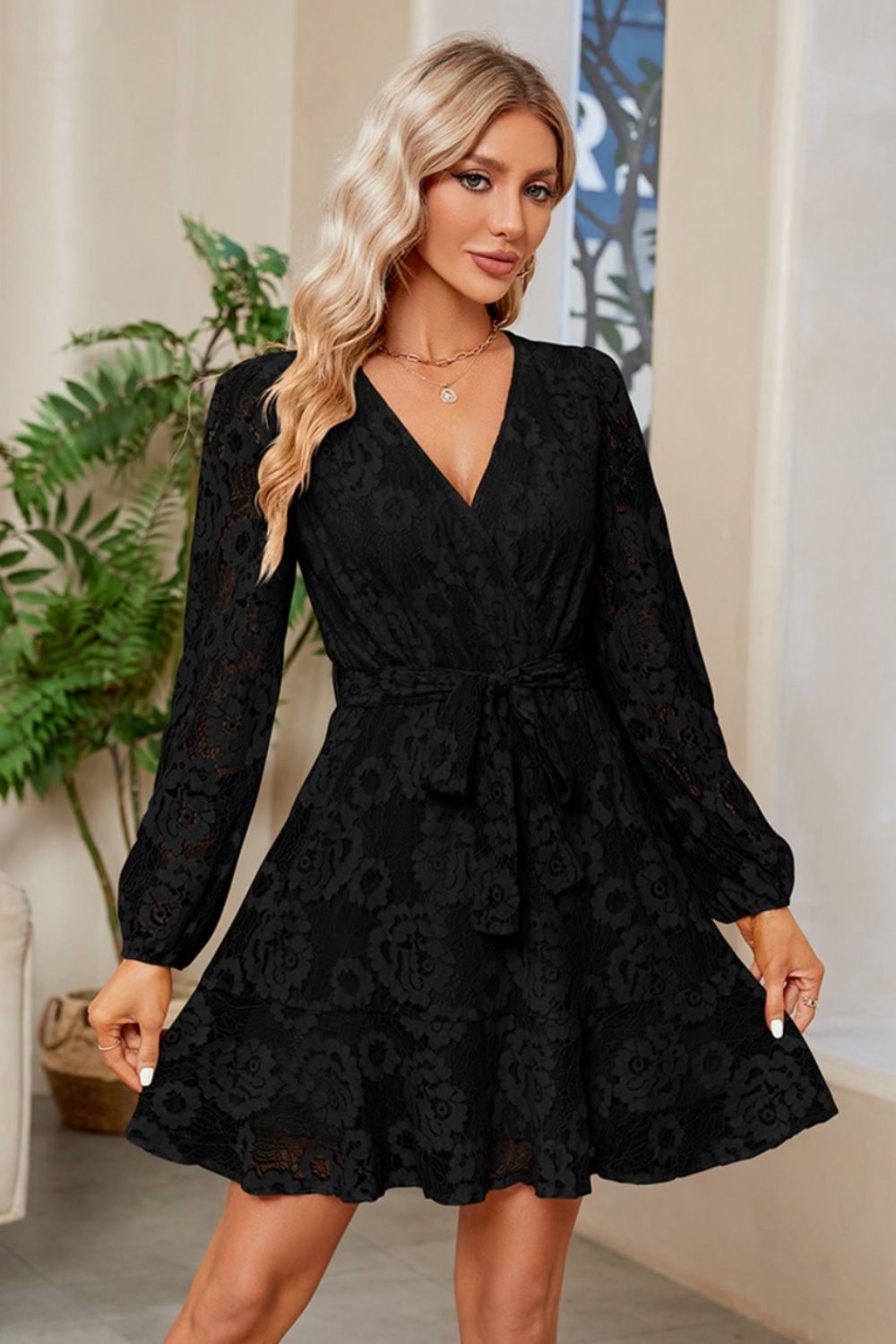 Surplice Lace Long Sleeve Mini Dress Trendsi