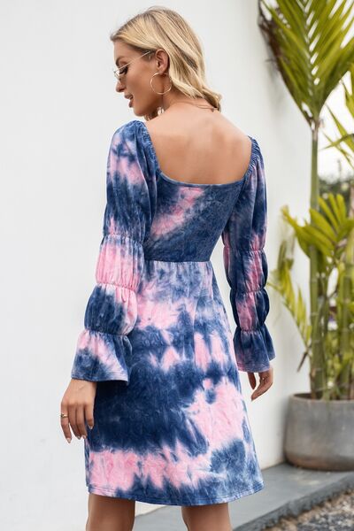 Tie-Dye Square Neck Flounce Sleeve Dress Trendsi