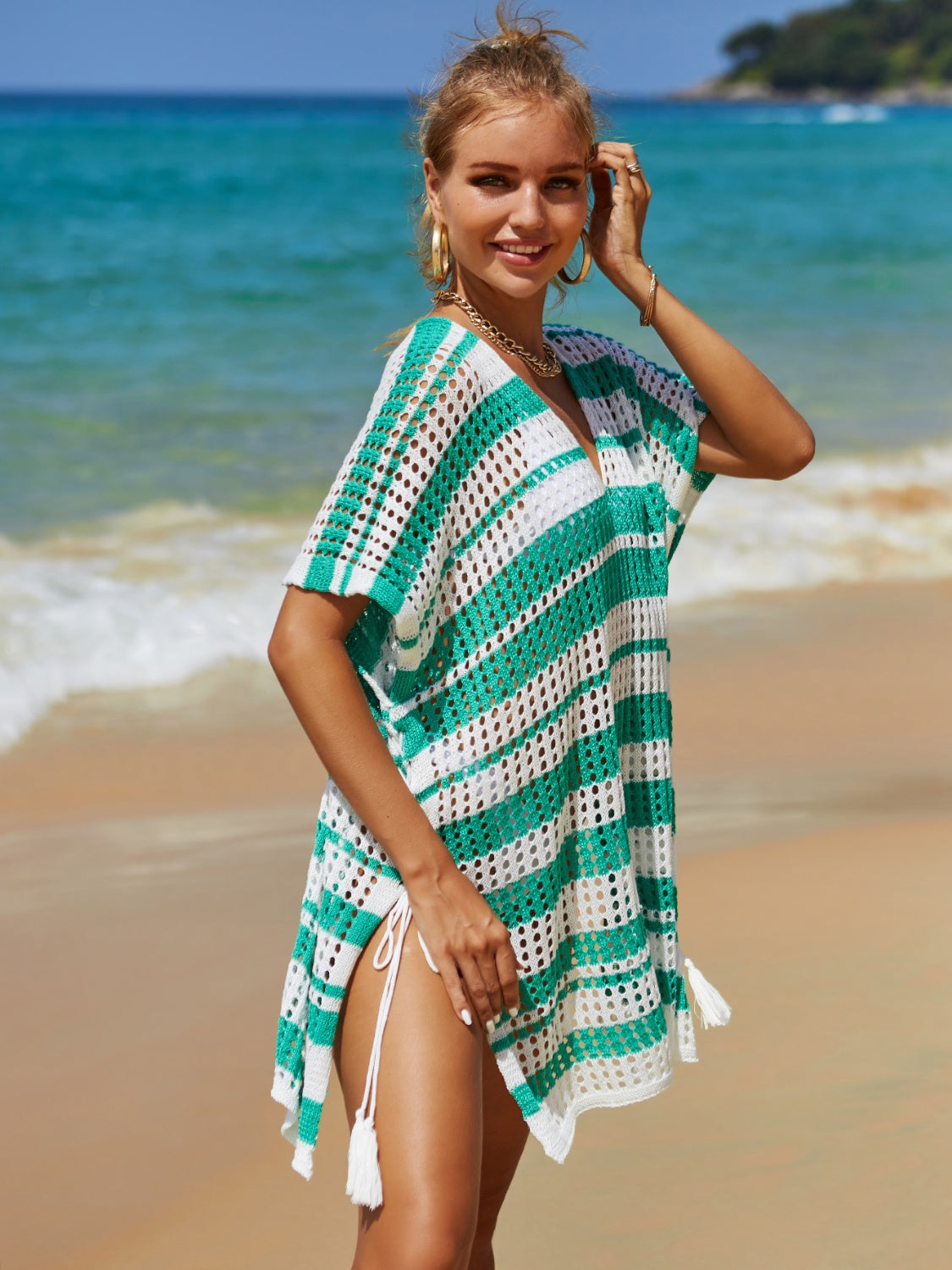 Tassel Openwork Striped V-Neck Cover Up Trendsi