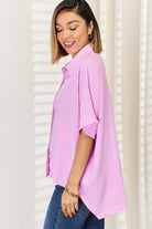 Zenana Texture Button Up Short Sleeve High-Low Shirt Trendsi