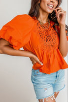 Openwork Round Neck Balloon Sleeve Blouse Trendsi