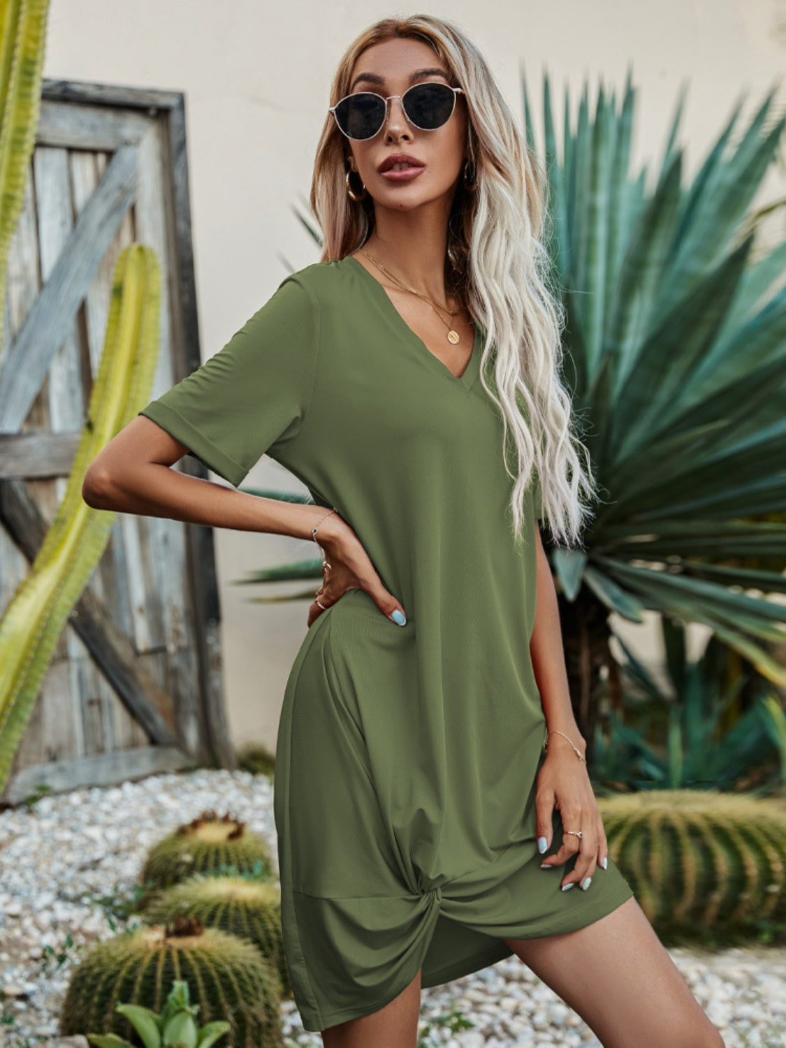 V-Neck Short Sleeve Mini Dress Trendsi