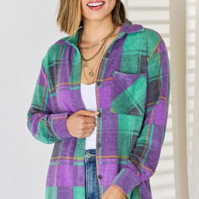 Zenana Plaid Button Up Long Sleeve Shacket Trendsi
