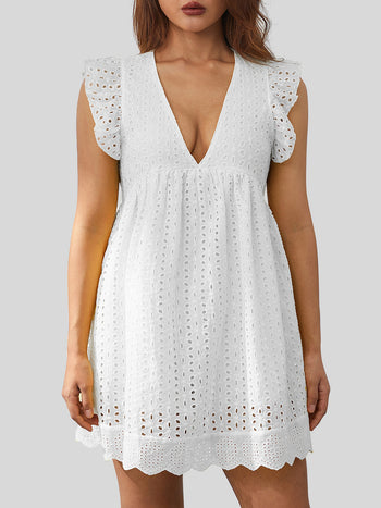 Ruffled Eyelet Cap Sleeve Mini Dress Trendsi