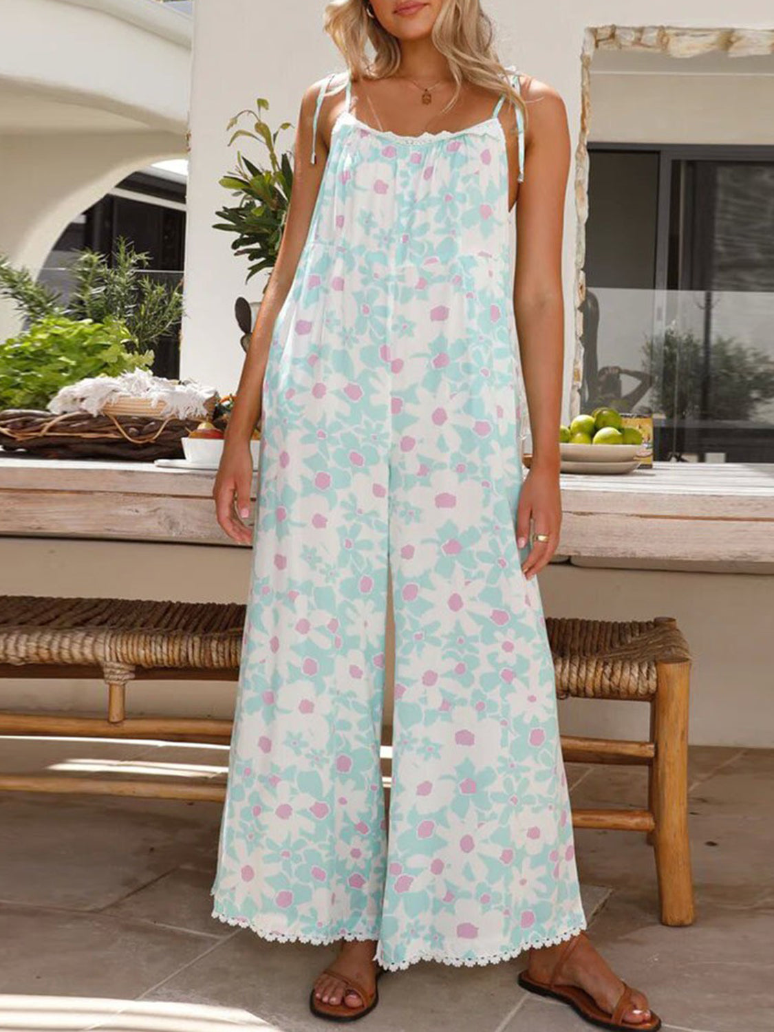 Printed Wide Leg Jumpsuit with Pockets Trendsi