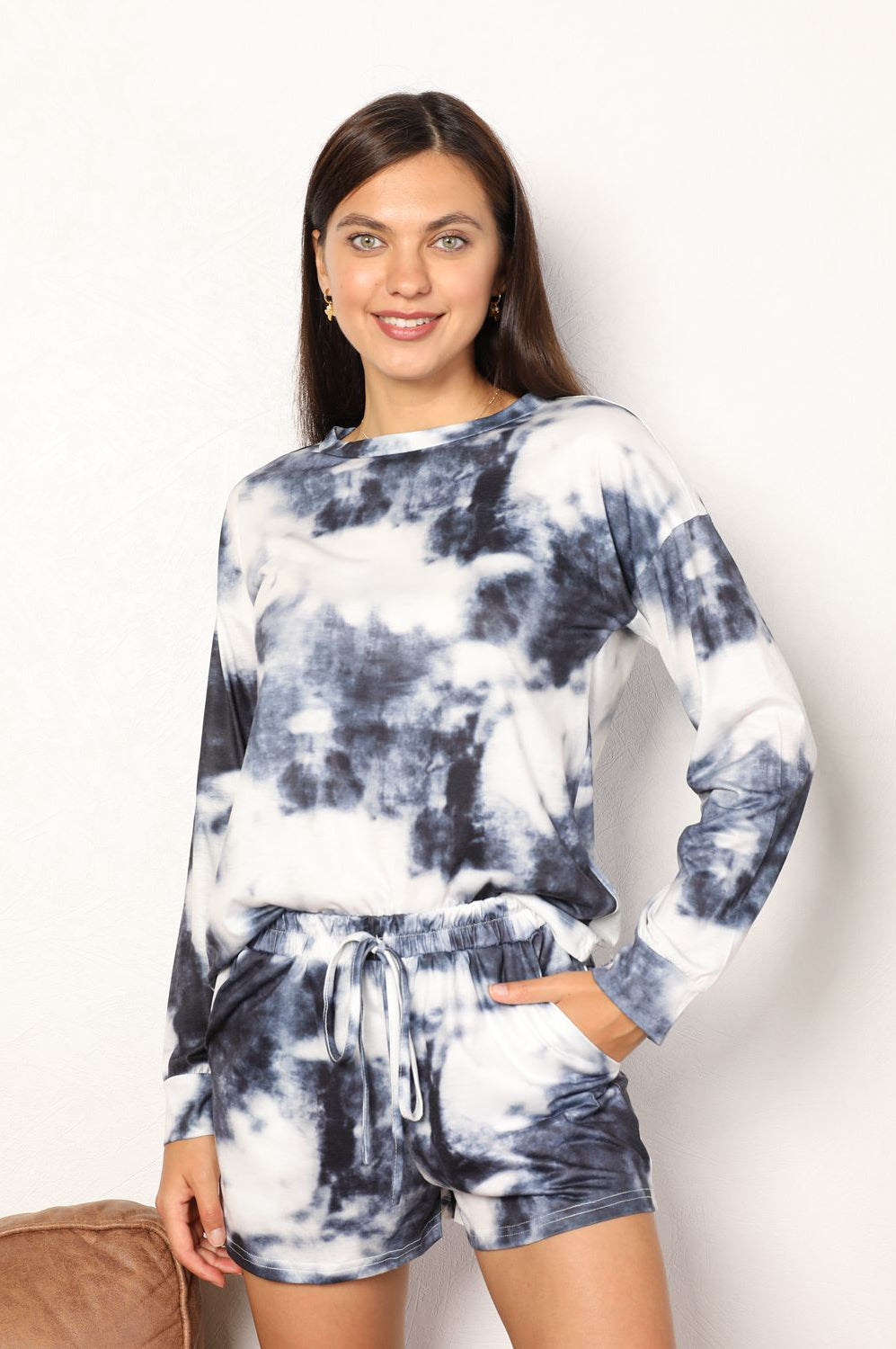 Double Take Tie-Dye Round Neck Top and Shorts Lounge Set Trendsi