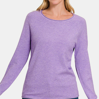 Zenana Rolled Round Neck Long Sleeve Sweater Trendsi