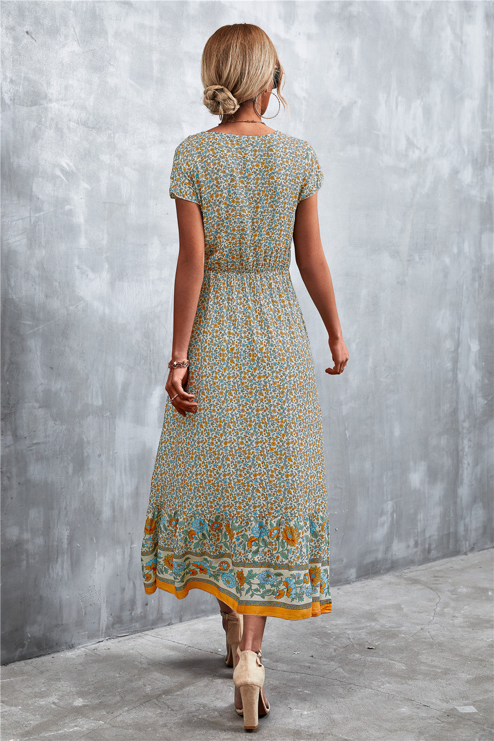 V-Neck Short Sleeve Printed Maxi Dress Trendsi