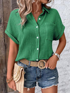 Textured Button Up Short Sleeve Shirt Trendsi