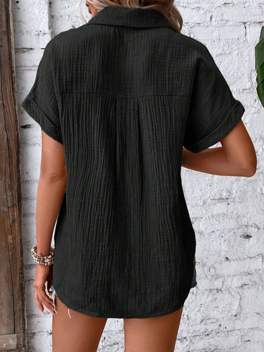 Textured Button Up Short Sleeve Shirt Trendsi