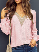 Eyelet V-Neck Long Sleeve Blouse Trendsi