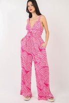 VERY J Printed Pleated Sleeveless Wide Leg Jumpsuit Trendsi