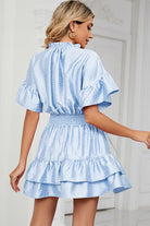 Smocked Tie Neck Flounce Sleeve Dress Trendsi