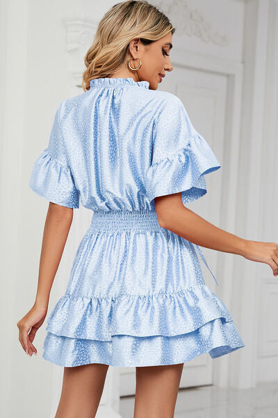 Smocked Tie Neck Flounce Sleeve Dress Trendsi