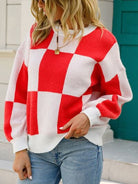 Checkered Round Neck Dropped Shoulder Sweater Trendsi