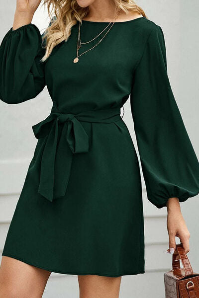 Tied Boat Neck Balloon Sleeve Mini Dress Trendsi